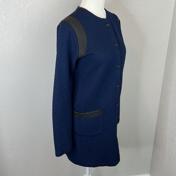 Sezane Quilted Long Line Jacket Navy with Black Leather Trim Size Medium - Picture 4 of 15